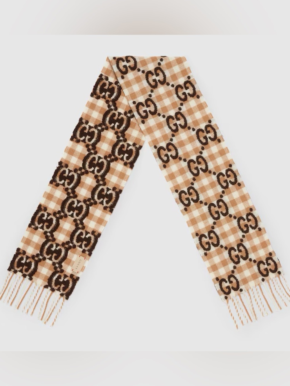 Brand new with box Gucci Beige & Brown GG Check Wool Scarf with Fringe